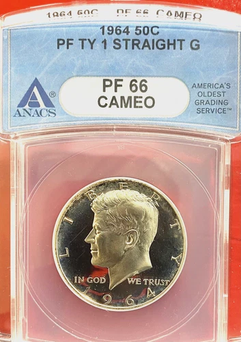 ANACS PF-66 CAMEO! 1964 KENNEDY HALF TYPE 1 STRAIGHT G SAME REV OF ACCENTED HAIR