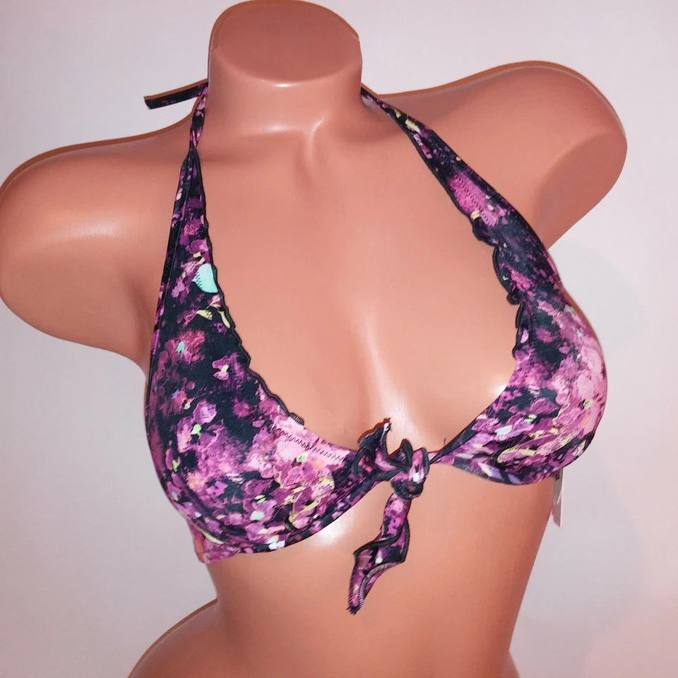 Top de bikini de natación Victoria Secret 32A negro rosa borgoña con volantes nuevo Foto 2 de 4