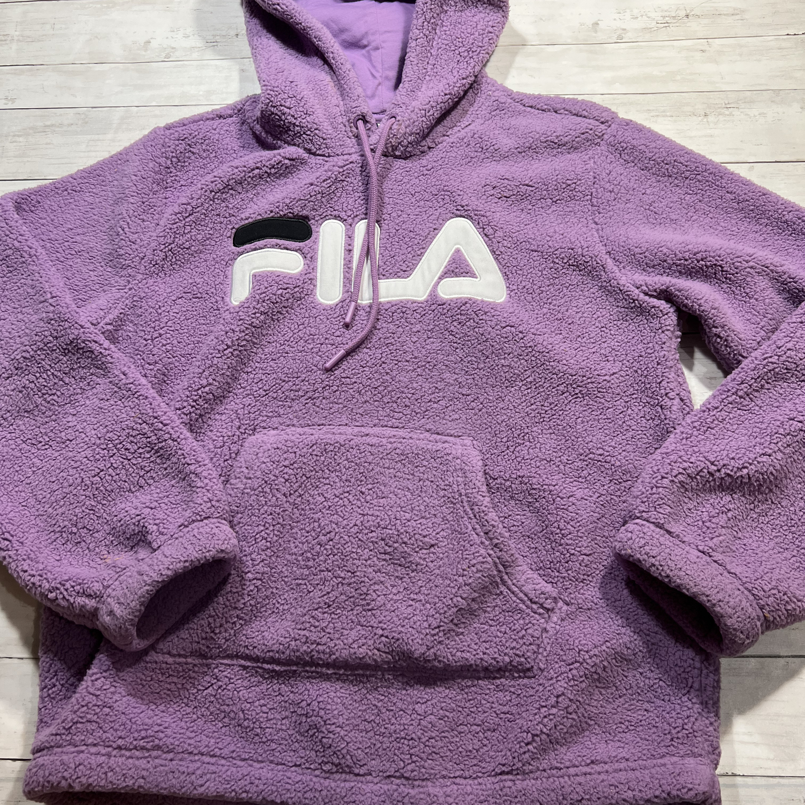 Felpa con cappuccio Fila donna logo viola maniche lunghe morbida accogliente pullover sherpa taglia media