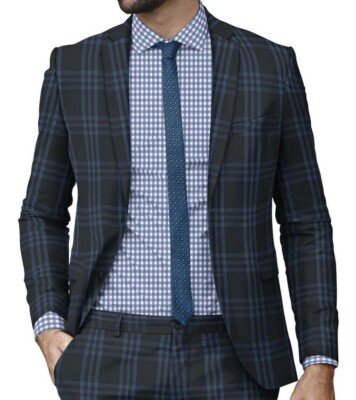 Mens Blue Suit Custom Made Bespoke Tailored Windowpane Box Check Plaid Suits