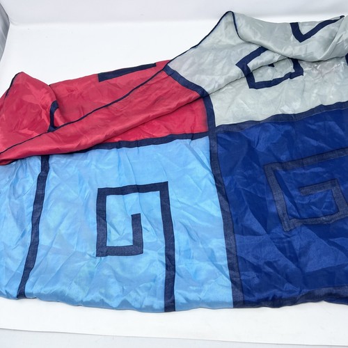 Vintage Givenchy 100% silk scarf geometric Blue Red Gray Rolled - Picture 6 of 8