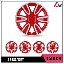 4Pcs 15''Universal Wheel Rim Cover Hubcaps White & Red Caps Trim Rings R15