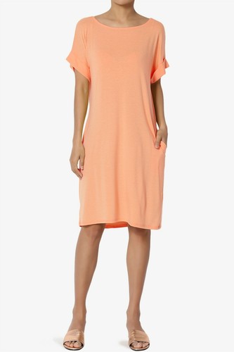 TheMogan S~3XL Rolled Short Sleeve Pocket Boxy Relaxed Jersey Midi T-Shirt Dress - Picture 173 of 187