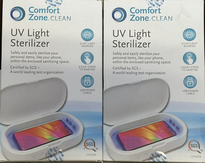 (2) Comfort Zone Clean Enclosed UV Light Sterilizer Box for Phones Masks Keys