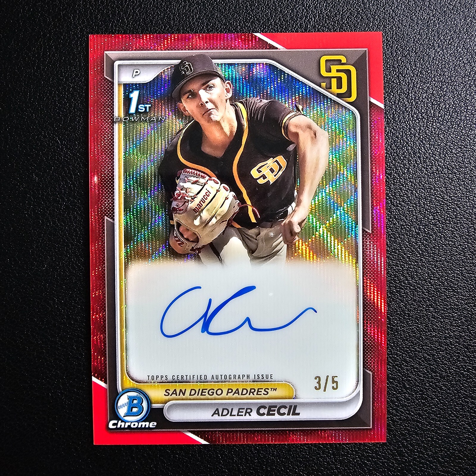 2024 Bowman Chrome Adler Cecil 1st Prospect AUTO Red Wave Refractir 3/5 2P