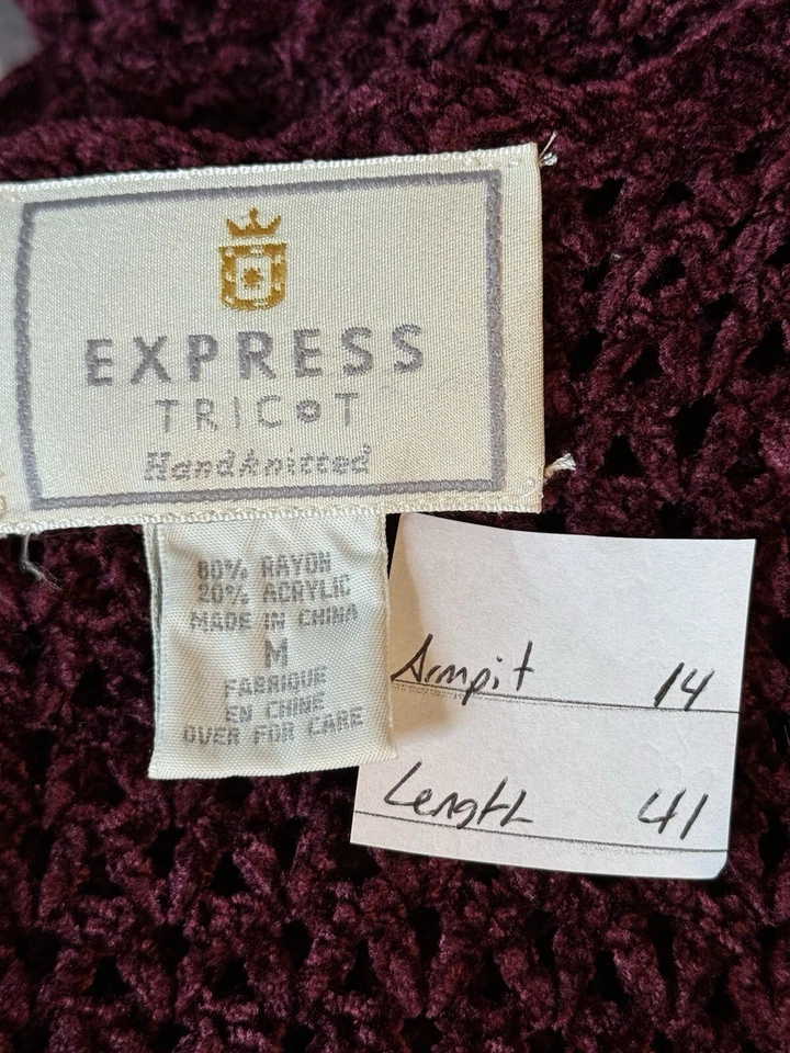 Cárdigan Plumero De Colección Express Tricot Crochet Talla M Borgoña Boho Festival Años 70 Foto 2 de 4