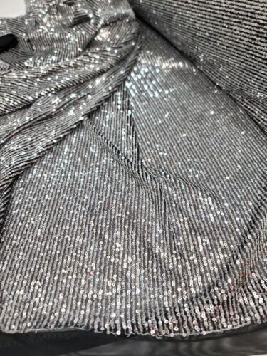 3MM Glitz Mini Silver Sequin Fabric By The Yard On Black Stretch Mesh For Dress - Picture 1 of 12