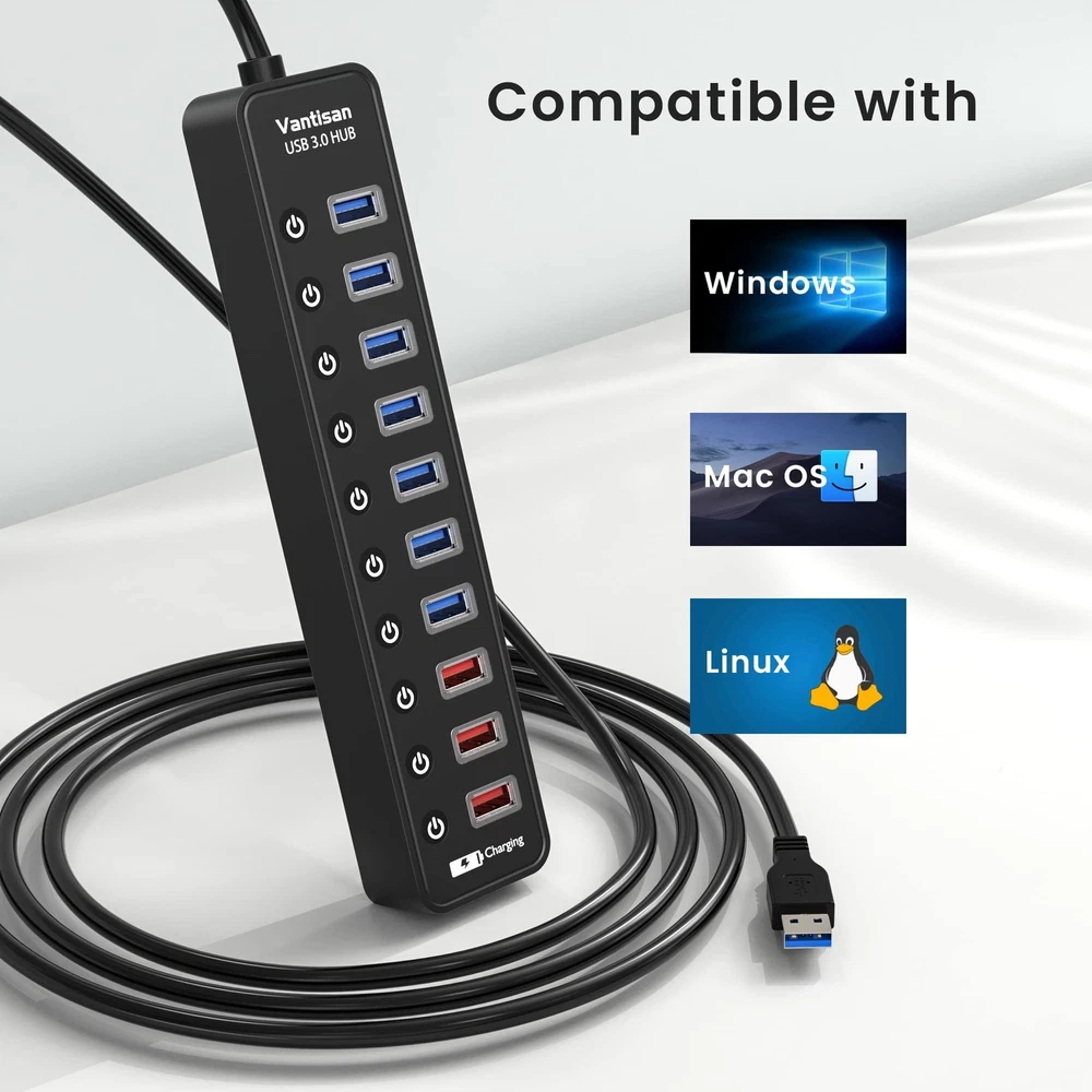 11-Port Powered USB 3.0 Hub with 7 High-Speed Data Ports and 4 Charging Ports