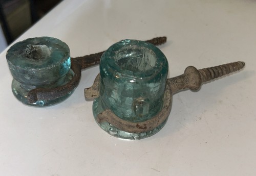 Antique Glass Lightning Rod Threadless Insulators Spool Style Screw Brackets