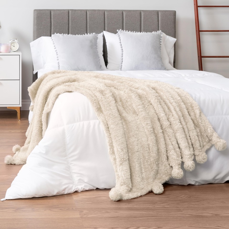 Cream Sherpa Throw Blanket for Couch, Warm Plush Pom Pom Blanket Throw