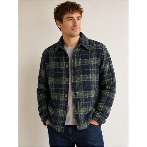 Portuguese Flannel Wool Blend Plaid Shirt Jacket Men's M Navy Green Lined