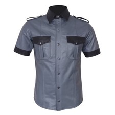 Men's Real Leather Police Shirt Gay Biker Schwarz Cuir Short Sleeve