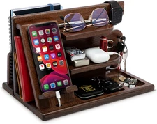 TESLYAR Wood Phone Docking Station for Men - Desktop or Nightstand Organizer - B