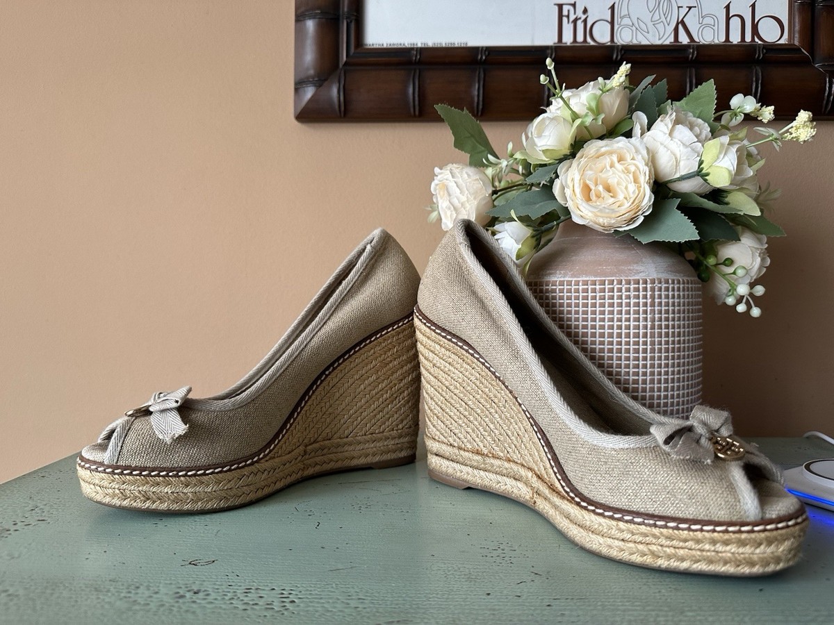 Tori Burch Jackie Peep Toe Beige Espadrille Canvas Wedge Size 9.5