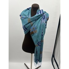 Boho Teal Shawl Wrap Scarf Fringe Abstract Art Lightweight 77x22 Art to Wear