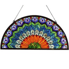 W10034 Peacock Feather Tiffany Style Stained Glass Window Panel Hangings with...