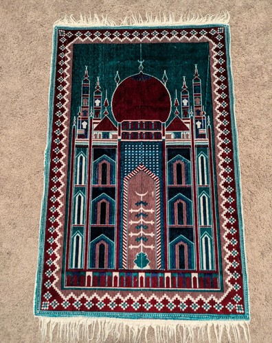 Vintage Turkish Prayer Rug Mosque Design Teal Burgundy Fringe Islamic Sajadah