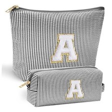 Initial Makeup Bag - Personalized Monogrammed Travel Toiletry Bag, Black A