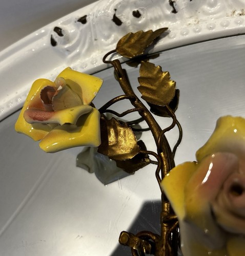 ITALIAN TOLE WALL SCONCES GILT PORCELAIN ROSES BELLE EPOQUE PINK YELLOW FRENCH - Picture 23 of 23