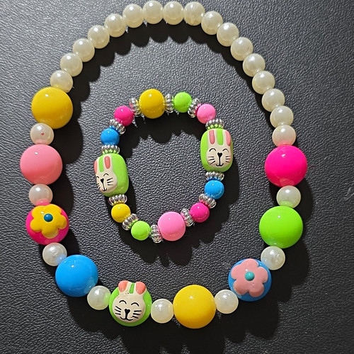 Kids Bunny Beaded Jewelry Set Multicolor Elastic Acrylic Necklace Bracelet