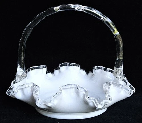 Vintage Fenton Milk Glass Basket Ruffle Edge Clear Handle Cottagecore Decor