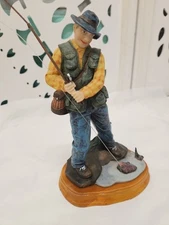 Fisherman Fishing In Stream Catching A Fish Figurine Wood And Resin Nautical 