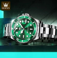 OLEVS Men’s Luxury Quartz Watch Stainless Steel Green Dial Waterproof Luminous