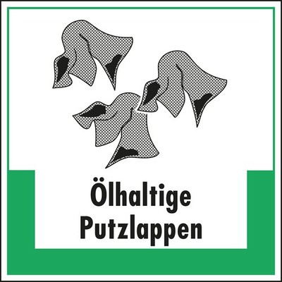 Aufkleber Abfallkennzeichen Ölhaltige Putzlappen Symbol und Text 20x20cm