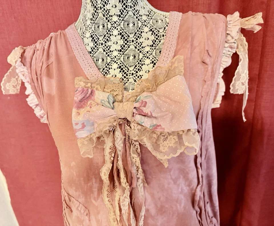 Top con lazo vintage reciclado talla única túnica encaje teñido a mano boho shabby chic Foto 2 de 4