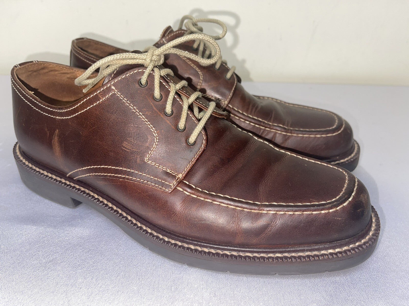 SAOLA Oxford Johnston & Murphy marrone scuro in pelle taglia 9 M Made in Italy indossato leggero