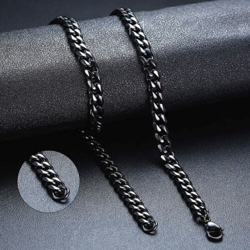 Mens Womens Curb Chain Black Stainless Steel Cuban Link Necklace
