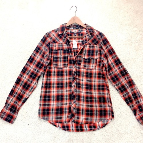 Rue 21 Carbon Black Orange Plaid Long Sleeve Button Down Shirt Top S NWT