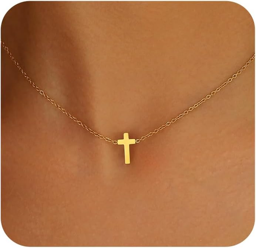 Cross Necklace for Women 18K Gold Plated Dainty Tiny Sideways Cross Choker Neckl - Imagen 7 de 12