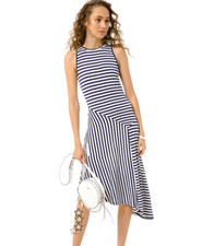 Michael Kors Women Sz 1X Dress Midi Navy Stripe Knit Asymmetric Sleeveless E1