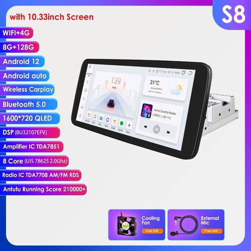 Single 1 DIN Rotatable 10.33 Android12 Car Stereo Radio GPS Navi 8+128GB Carplay - Picture 2 of 24