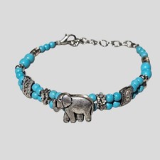Blue Glass Bead Silver Tone Elephant Bracelet Adjustable