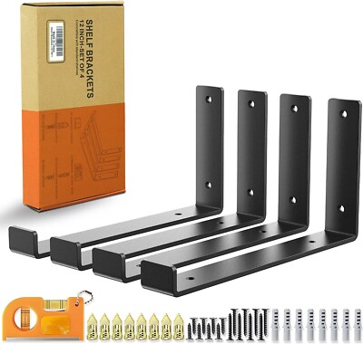 Shelf Brackets Heavy Duty Black 12 inch Shelves Brackets Lip  4 Pack (11.25''x6'')