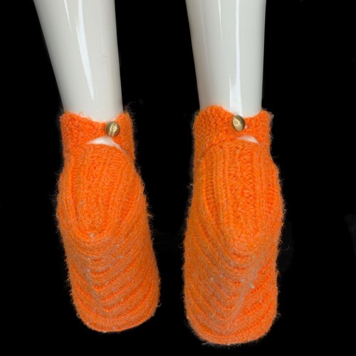 Vintage 50s Bright Orange Crochet Knit Soft Sole Pom Pom Bootie Slippers 60s - Picture 4 of 6