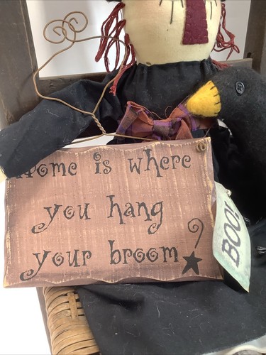 Primitive Look Cloth Witch Doll W/ Crow And Sign Halloween Decor - Picture 5 of 19