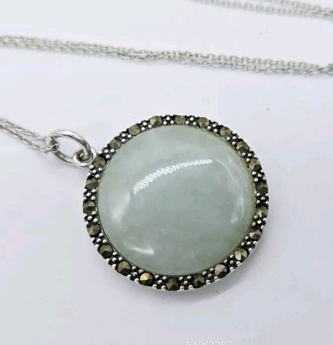 Sterling Silver Pendant Necklace 925 MARCASITE Dyed Jade HARMONY reversible 18" - Picture 3 of 8