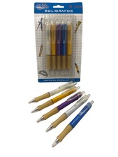 SET OF 5 BLUE INK SNAP BALLPOINT PENS FINE TIP RUBBER GRIP