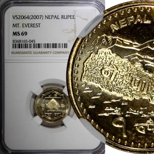 Nepal Monarchy  2064 (2007) Rupee Mount Everest NGC MS69 TOP GRADED KM# 1204 (5)