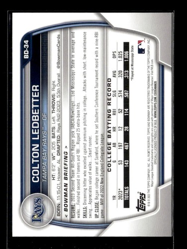 2023 Bowman Draft Paper Colton Ledbetter Tampa Bay Rays 1st #BD-34 5 Card Lot - 第 2/2 張圖片
