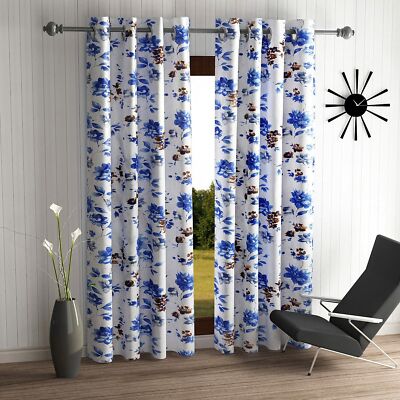 2 Piece Floral Eyelet Ringtop Grommet Door Window Curtains Set 5 7 9 Feet-Blue