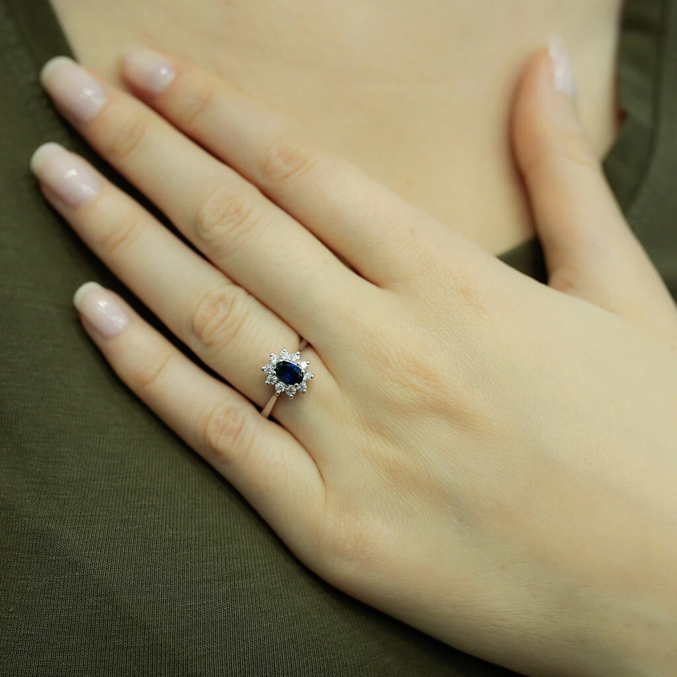 Halo Diamant Oval Saphir Entourage Ring 14 Karat Weißgold - Bild 3 von 3