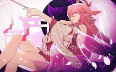 Anime yae miko electricity fox tail gem earrings gohei Stitched Gaming Mat Desk