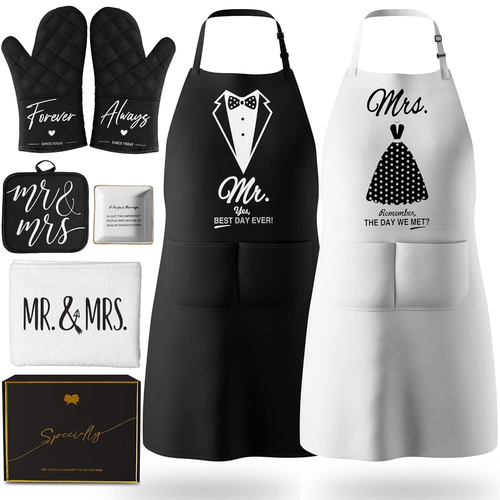 Mr & Mrs Aprons for Couples, 8 Pack Kitchen Apron Gift Set, Anniversary Wedding - Picture 6 of 12