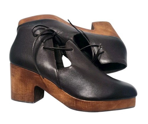 Kelsi Dagger Brooklyn North Ankle Boot Clog Black Leather Wooden Heels Size 8