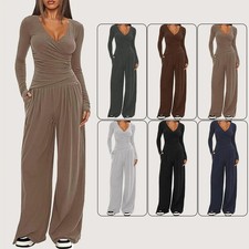 Women 2pcs Lounge Sets V Neck Long Sleeve Tops Wide Leg Pants Set Casual Outfits