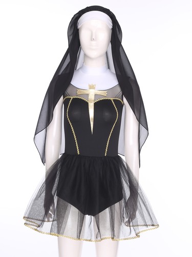 Women's Halloween Nun Cosplay Dress and Wimple Hood for Sister Clergy Dress-up - Bild 14 von 26